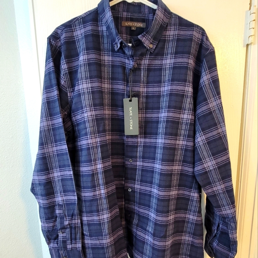 SLATE&STONE Men's XL Flannel Drk Blue & Purple Plaid Premium Button Down! NWT!!